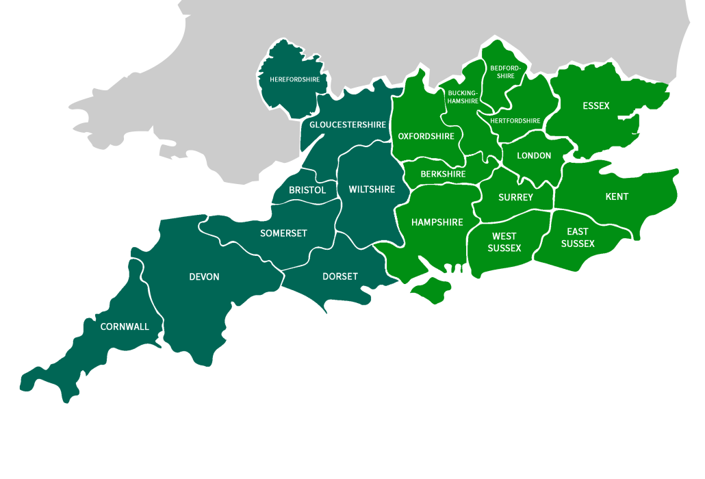 Highlighted counties in the South of England